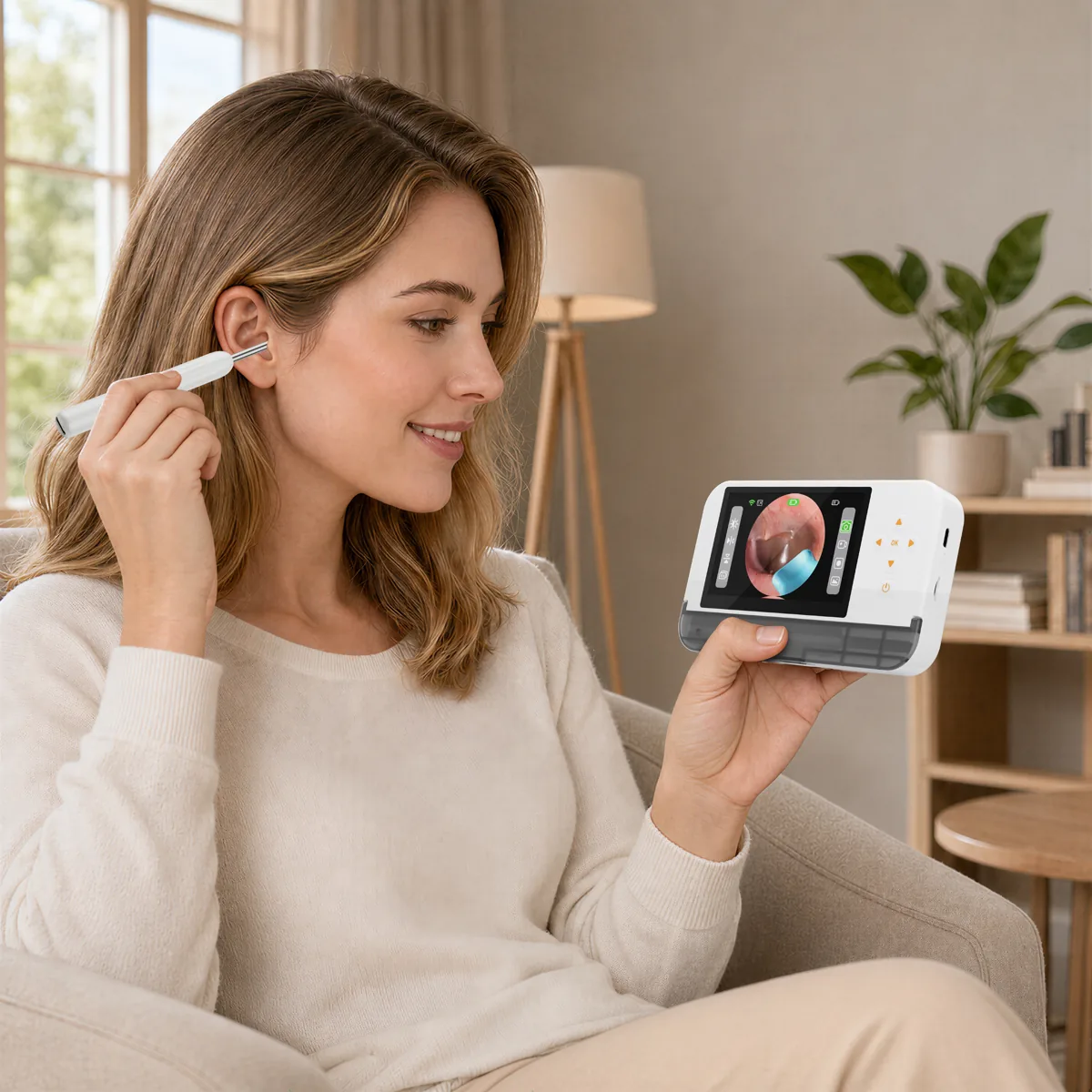 SOFTISH A06 visual ear cleaner in use at home – Shenzhen Jiding Electronic Co., Ltd.
